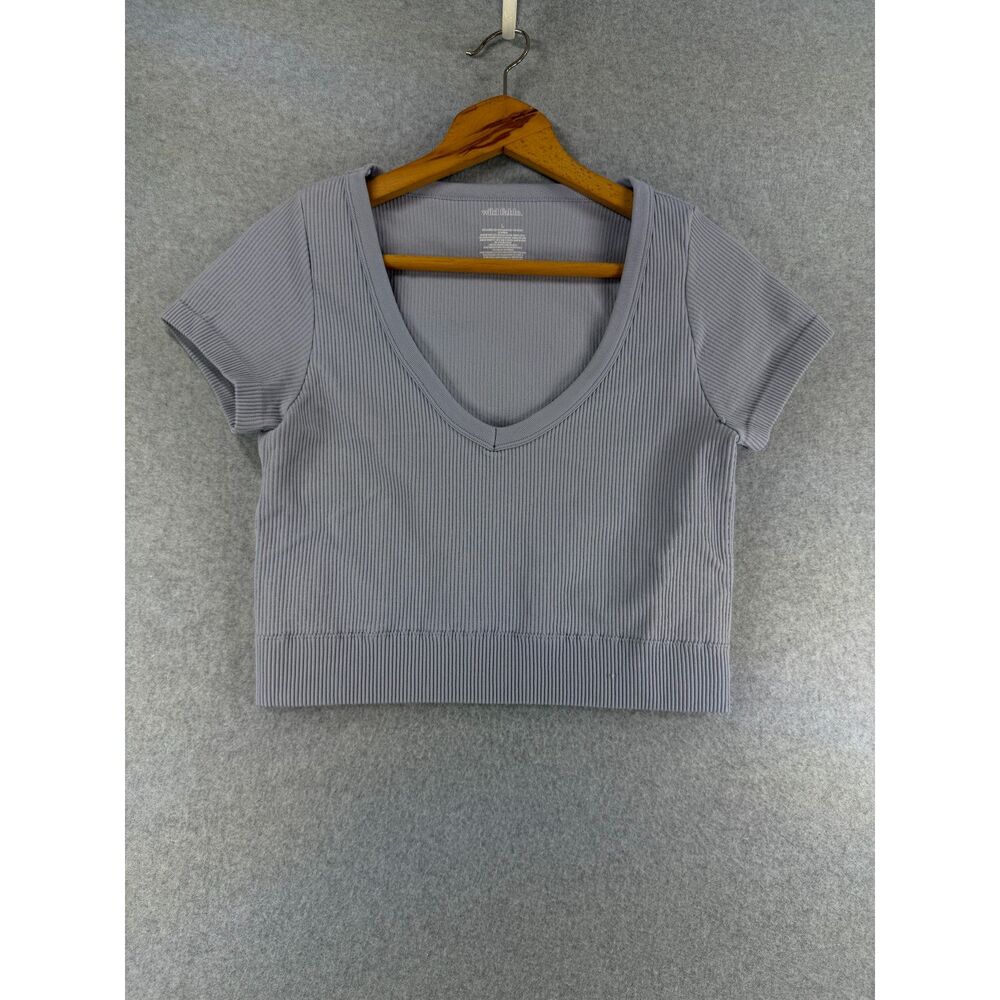 Wild Fable Women’s Large Lavender Gray Ribbed V Neck Crop Top Short Sleeve 3771